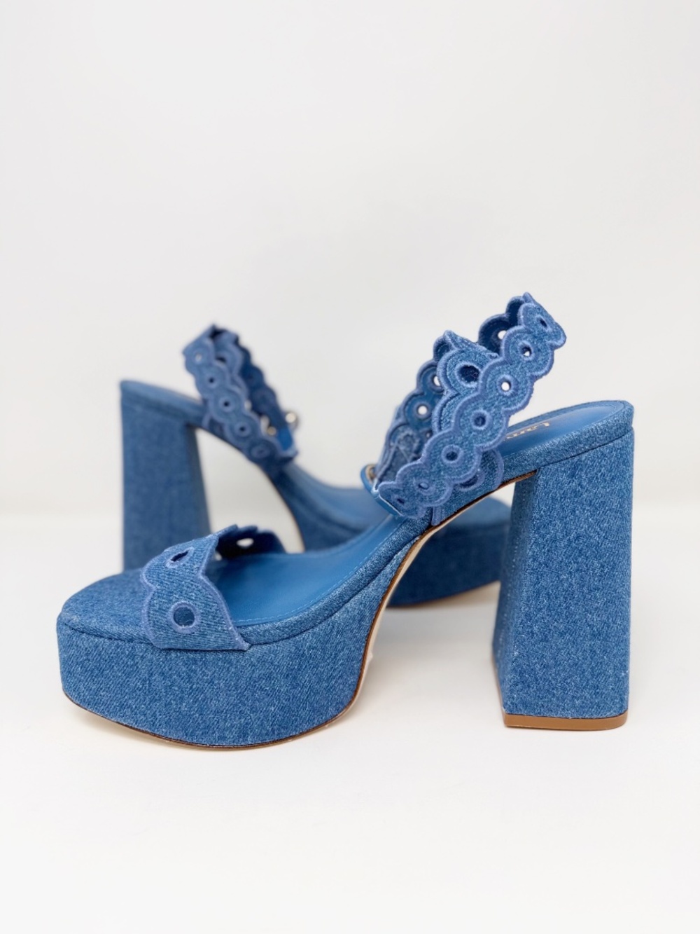 New Larroude Dolly Broderie Sandal In Blue Stoned Denim Sz 9.5 - Picture 10 of 12